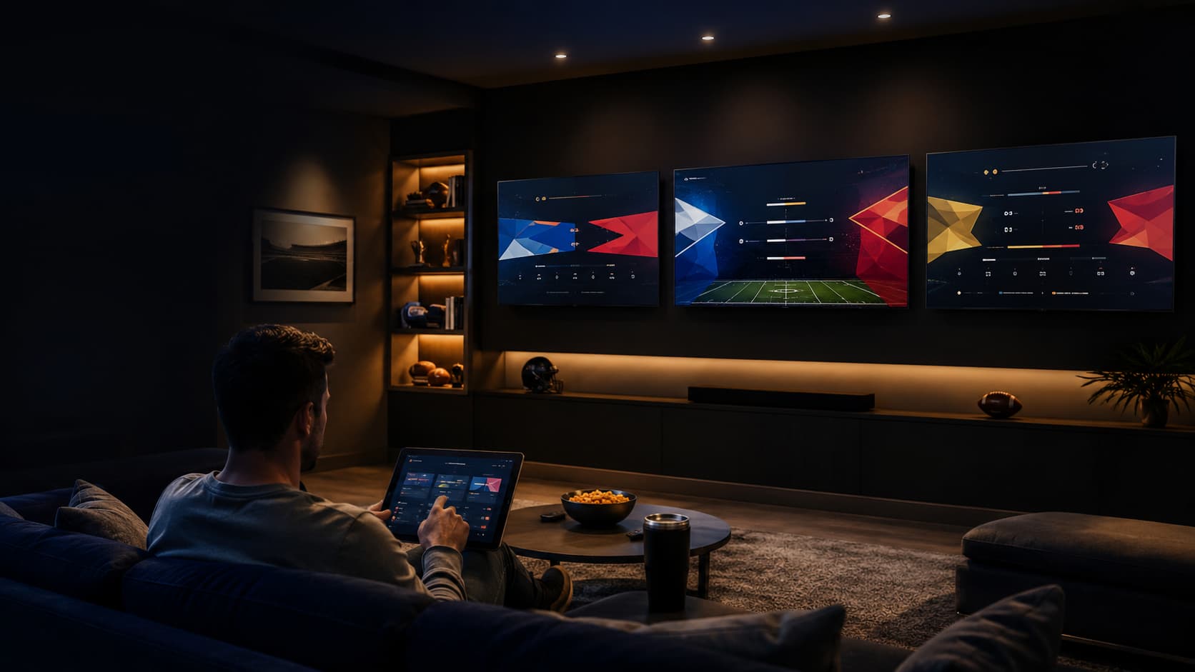 A modern multi-screen sports setup controlled through Live Boards